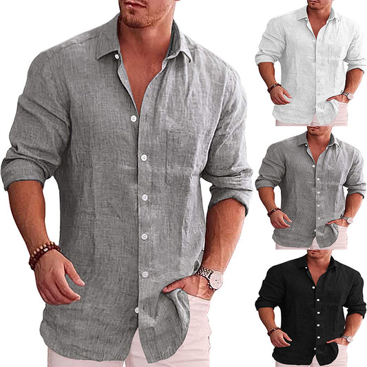 Cotton And Linen Ordinary Fit Type Lapel Solid Color Shirt